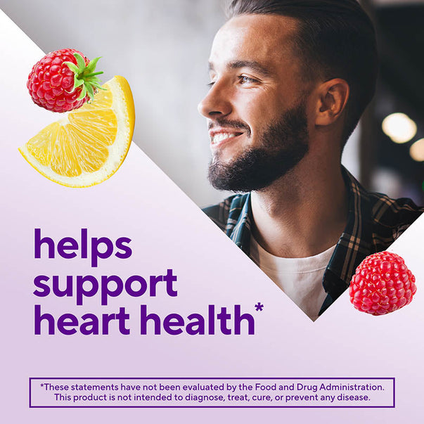 Smiling man with a raspberry, lemon slice, and raspberry; graphic text reads 'helps support heart health'.