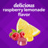 'delicious raspberry lemonade flavor' text above a lemon wedge, raspberries, and two raspberry and lemon flavored omega-3 gummies.