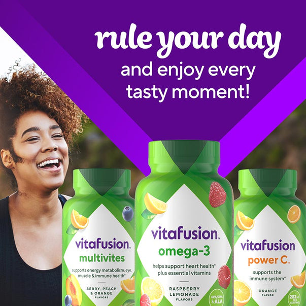 Vitafusion Omega-3, Multivites, and Power C gummy bottles with a smiling young Black woman.