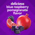 Graphic with 'delicious blue raspberry pomegranate flavor' text, whole and sliced pomegranate, blackberry, and three blue square gummies.