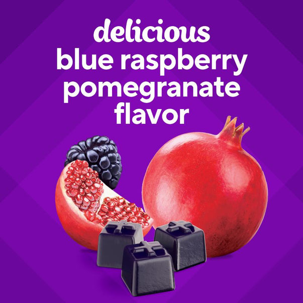 Graphic with 'delicious blue raspberry pomegranate flavor' text, whole and sliced pomegranate, blackberry, and three blue square gummies.