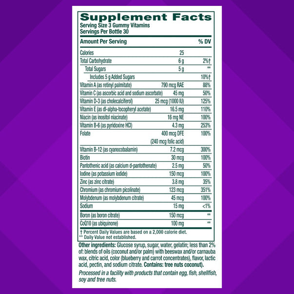 Supplement Facts panel for VF Power Plus Men's Multi Gummy, 90 count bottle.