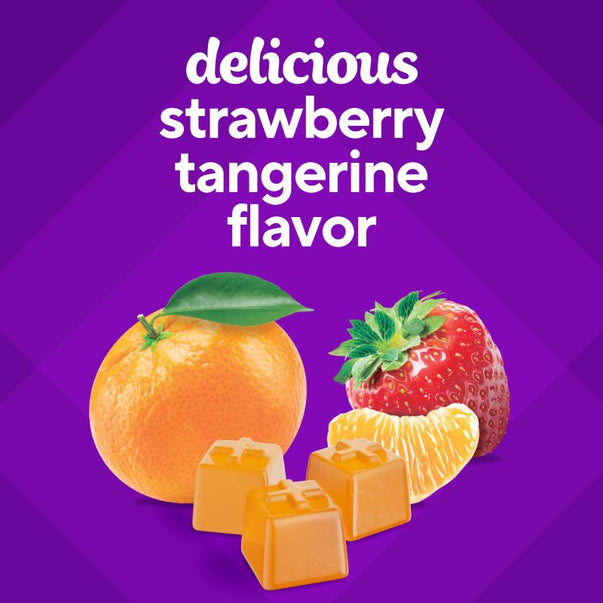 Four orange VF Power+ Multivites Gummies in strawberry tangerine flavor, with 'delicious strawberry tangerine flavor' text.