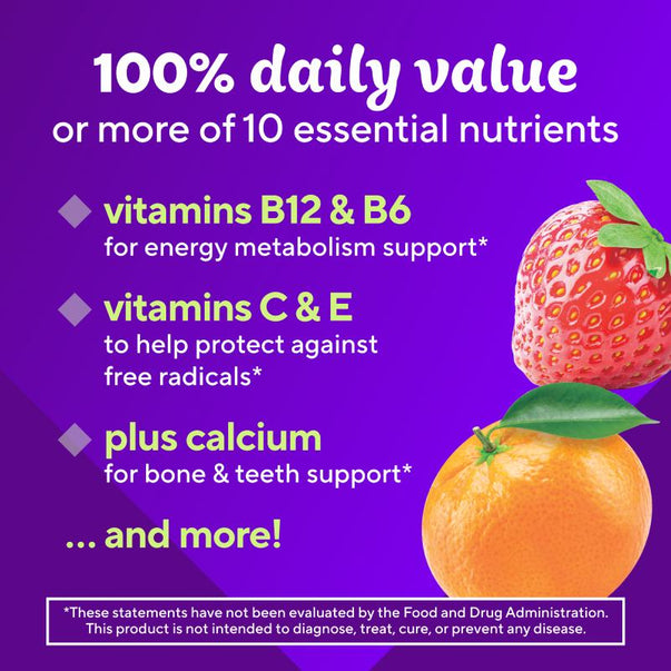 Product highlights graphic stating Vitamins B12 & B6 for energy*, Vitamins C & E for free radicals*, Calcium for bone & teeth*, ... and more!