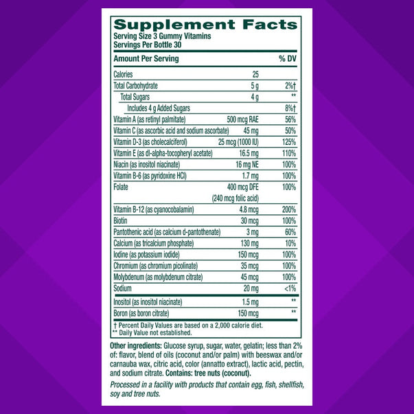 The Supplement Facts panel for VF Power+ Multivites Gummy, 4/3 90 Count, detailing nutritional information.