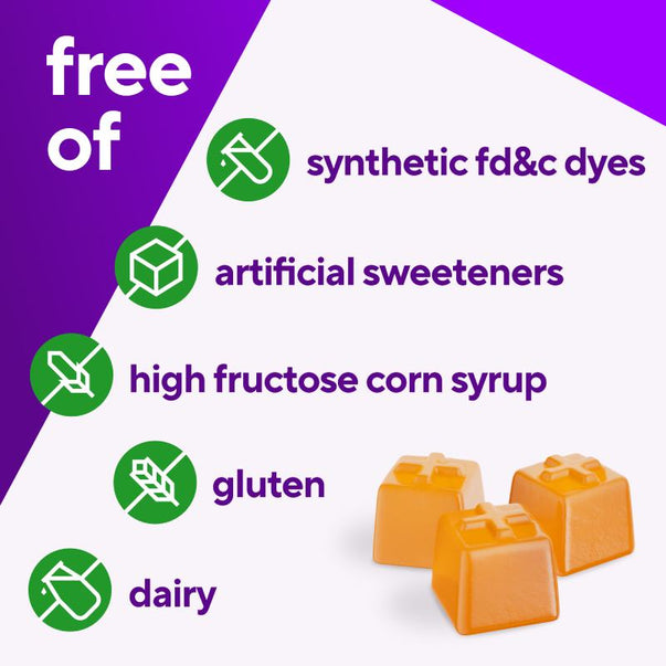 Product highlights graphic stating free of synthetic fd&c dyes, artificial sweeteners, high fructose corn syrup, gluten, dairy