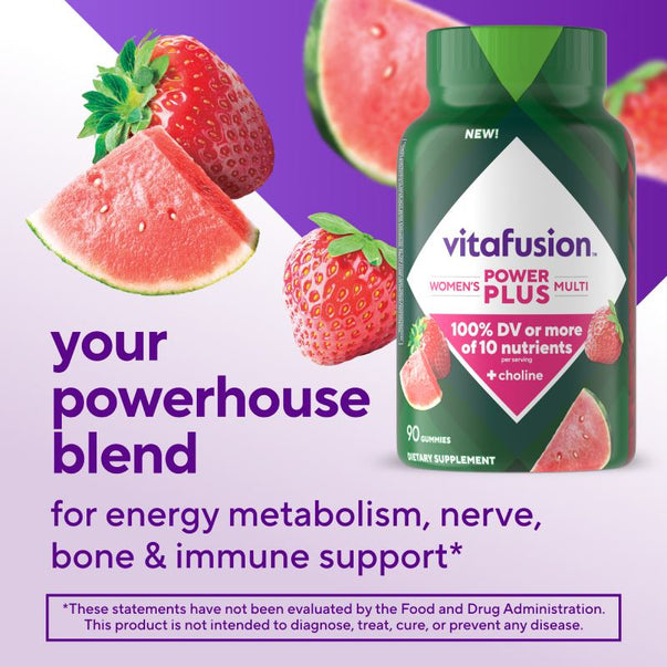 Vitafusion Women's Power Plus Multi Gummies, 90 count, offer 100% DV or more of 10 nutrients per serving plus choline.