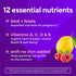 Product highlights graphic stating DHA + folate for pregnancy*, vitamins A, C, D & E for mom & baby health*, No iron added, gentle on stomach