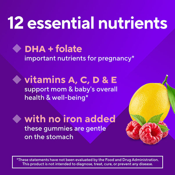 Product highlights graphic stating DHA + folate for pregnancy*, vitamins A, C, D & E for mom & baby health*, No iron added, gentle on stomach