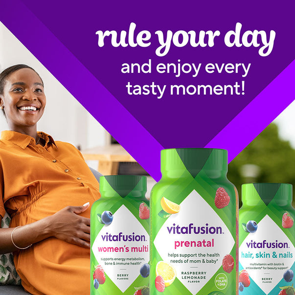 Gummy bottles for prenatal, women's multivitamin, and hair care with a smiling pregnant woman in the background.