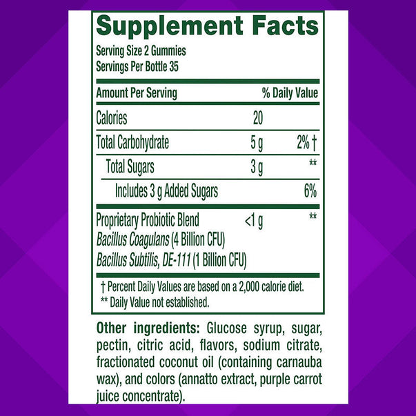 Supplement Facts panel for Probiotic 5 Billion CFU Gummy, 70 count bottle.