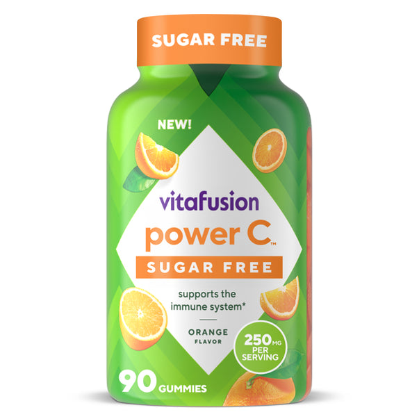 Vitafusion Power C Sugar Free Orange gummies, 90 count, 250 mg per serving, supports the immune system.