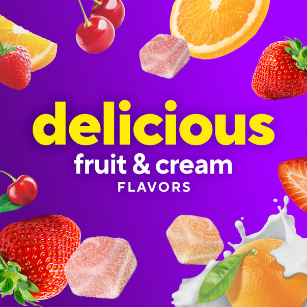 Graphic with 'delicious fruit & cream FLAVORS' text, surrounded by strawberries, cherries, oranges, gummies, and cream splashes.
