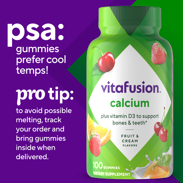 Vitafusion Calcium plus Vitamin D3 Gummies, 100 count, in Fruit & Cream flavors.
