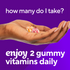 Two Calcium + D3 gummy vitamins in hand with text: 'How many do I take? Enjoy 2 gummy vitamins daily'.
