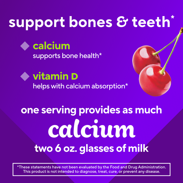 Product highlights graphic stating support bones & teeth*, calcium for bone health*, vitamin D aids calcium absorption*, calcium equivalent to two 6 oz. milk
