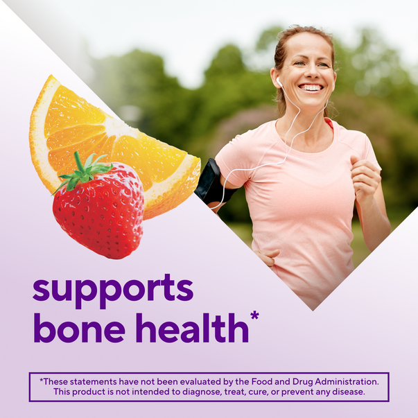 A smiling, middle-aged woman jogging outdoors, beside orange and strawberry graphics and 'supports bone health' text for Calcium + D3 Gummy.