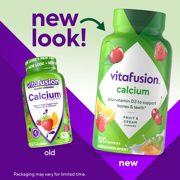 Vitafusion Calcium Gummy Vitamins, 100 count, includes Vitamin D3 for bone and teeth, displayed in old and new packaging.