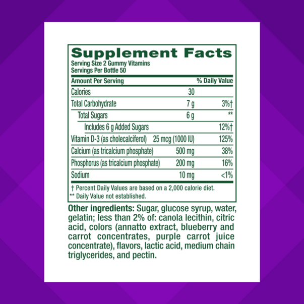 Image of Supplement Facts for VF Calcium + D3 Gummy 4/3, 100 Count.