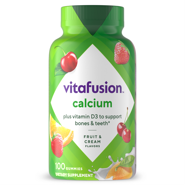 Vitafusion Calcium plus Vitamin D3 gummies support bones and teeth, fruit and cream flavors, dietary supplement, 100 count.
