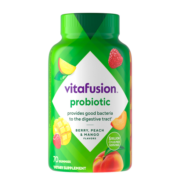 Vitafusion Probiotic gummy bottle, 70 count, Berry, Peach & Mango flavors, 5 Billion CFUs per serving, provides good bacteria.