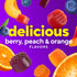 VF Multivites Gummy 70 Count with text 'delicious berry, peach & orange FLAVORS', showing fruit-shaped gummies and fruit.