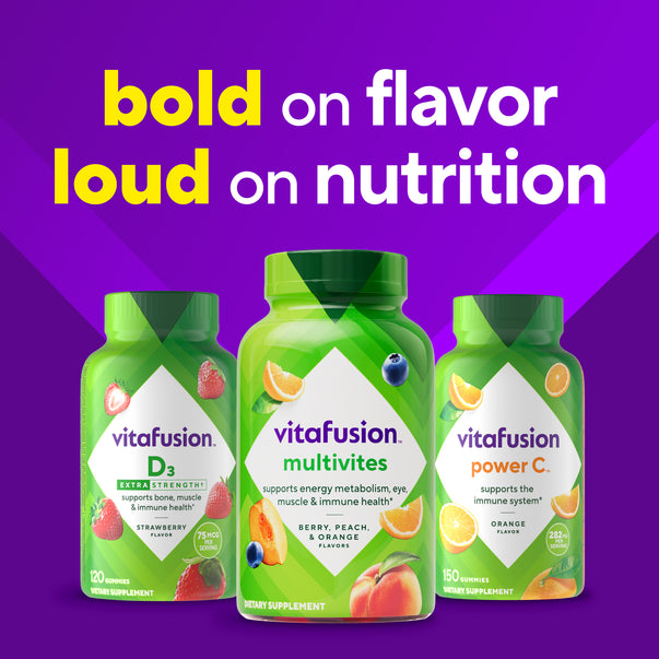 Vitafusion Multivites Gummy, 150 count, Berry, Peach, & Orange flavors. Includes D3 Strawberry & Power C Orange gummies.
