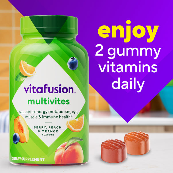 Vitafusion MultiVites gummy vitamins in berry, peach, and orange flavors, 70 count bottle.