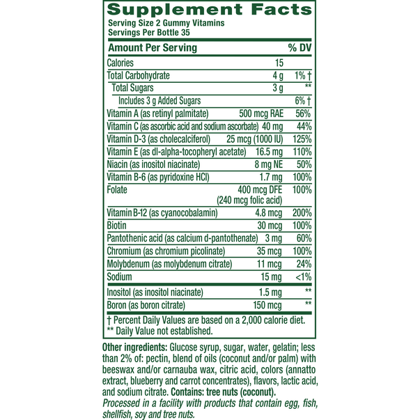 Supplement Facts panel showcasing details for VF Multivites Gummy, 70 Count.
