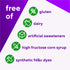 Product highlights graphic stating product is free of: gluten, dairy, artificial sweeteners, high fructose corn syrup, synthetic fd&c dyes.