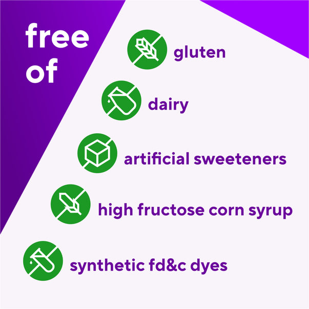 Product highlights graphic stating product is free of: gluten, dairy, artificial sweeteners, high fructose corn syrup, synthetic fd&c dyes.