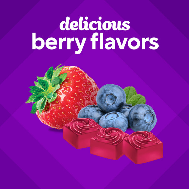 Graphic reads 'delicious berry flavors' and shows a strawberry, blueberries, and three red swirled gummies.