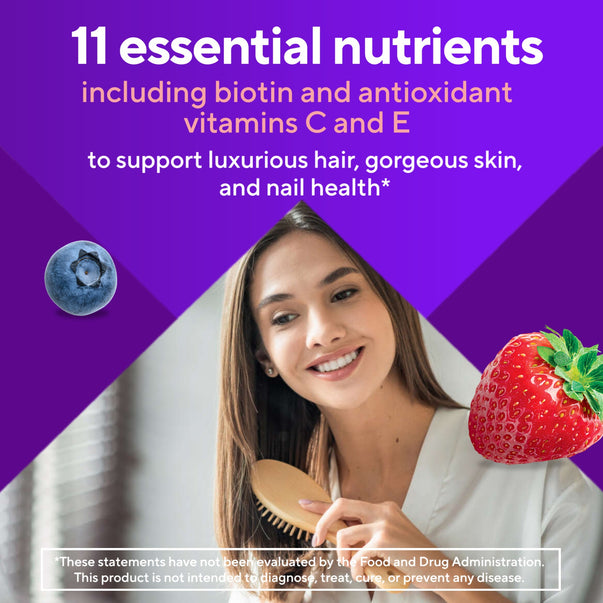 Contains 11 essential nutrients, including biotin and antioxidant vitamins C and E, for healthy hair, skin, and nails.