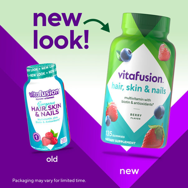 Vitafusion Hair, Skin & Nails Gummies, 135 count, showing both 'old' and 'new look' packaging designs.