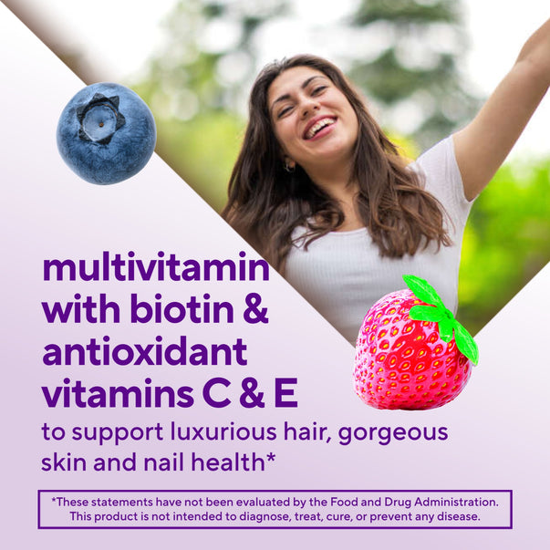 Hair, Skin & Nails Gummy multivitamin with biotin & antioxidant Vitamins C & E for luxurious hair, gorgeous skin and nail health.