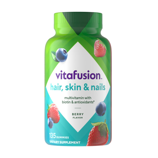 Vitafusion Hair, Skin & Nails Berry gummies offer multivitamin benefits in 135-count dietary supplement bottles.