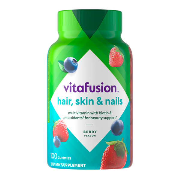 Vitafusion Hair, Skin & Nails multivitamin gummies in berry flavor, 100 count bottle.