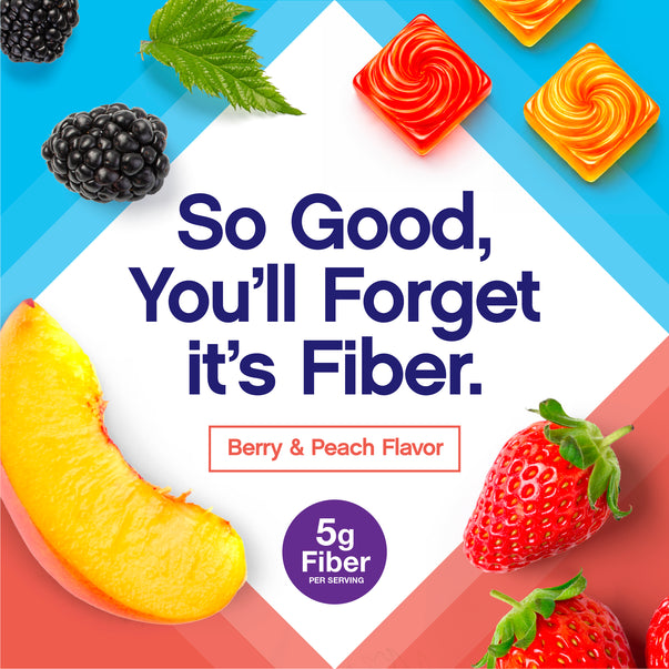 VF Fiber Well Sugar Free Gummy graphic: 'So Good, You'll Forget it's Fiber' text, Berry & Peach flavor, 5g Fiber per serving, fruit, gummies.