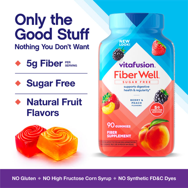 Vitafusion Fiber Well Sugar Free Gummies bottle, 90 count, Berry and Peach flavors, shown with two individual gummies.