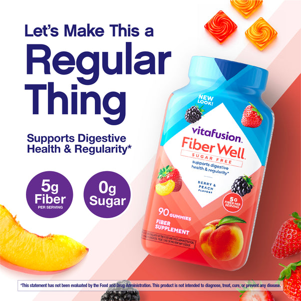 vitafusion Fiber Well Sugar Free Gummy, 90 Count. 5g Fiber, 0g Sugar. Supports Digestive Health & Regularity. Berry & Peach Flavors.