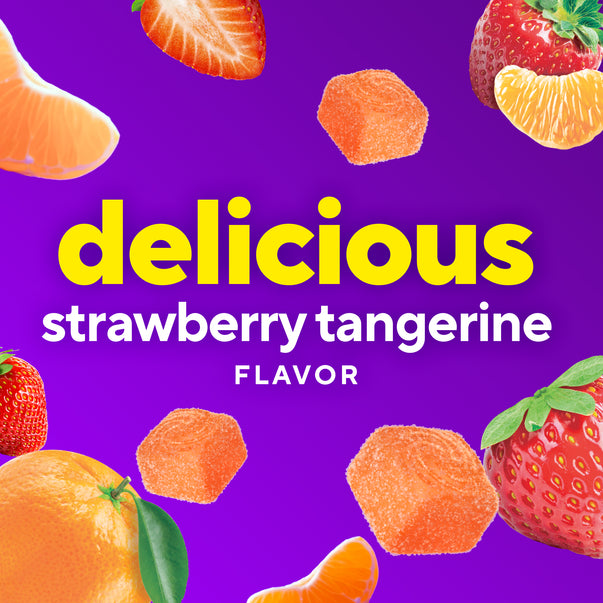 Graphic for VF Power Zinc + C Gummy, showing 'delicious strawberry tangerine FLAVOR' with strawberries, tangerines, and gummies.