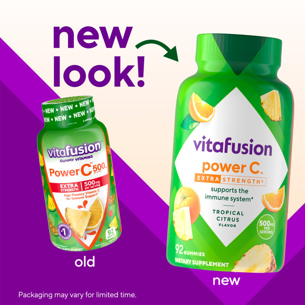 Old and new packaging for vitafusion Power C Extra Strength Tropical Citrus 500 mg, 92 Gummies Dietary Supplement.