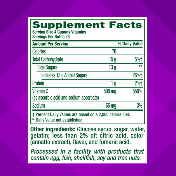 Supplement Facts panel for VF Extra Strength Power C 500 mg Gummy, 92 count package.