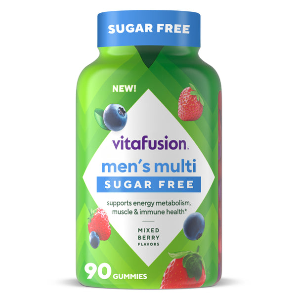 Vitafusion Men's Multi Sugar Free Gummies, 90 count, mixed berry flavors. Supports energy, muscle, and immune health.