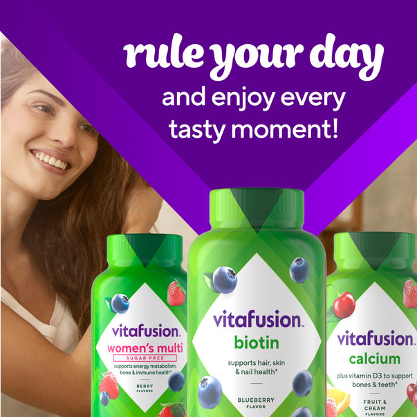 VitaFusion Biotin gummy bottle for hair, skin, and nail health alongside Women's Multi and Calcium bottles.
