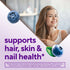 Product highlights graphic stating supports hair, skin, and nail health*.