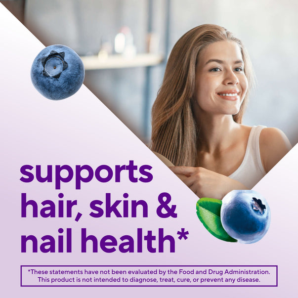 Product highlights graphic stating supports hair, skin, and nail health*.