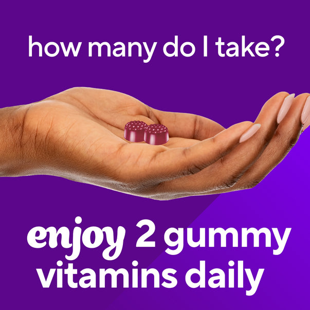 Hand holding two purple Biotin 5,000 mcg gummies with text: 'how many do I take?' and 'enjoy 2 gummy vitamins daily'.