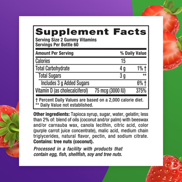 Image of the Supplement Facts panel for VF Extra Strength D3 3,000 IU Gummy, 120 Count.