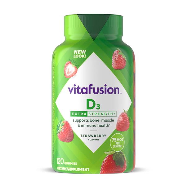 Vitafusion D3 Extra Strength gummies, strawberry flavor, 75 MCG per serving, 120 gummies.